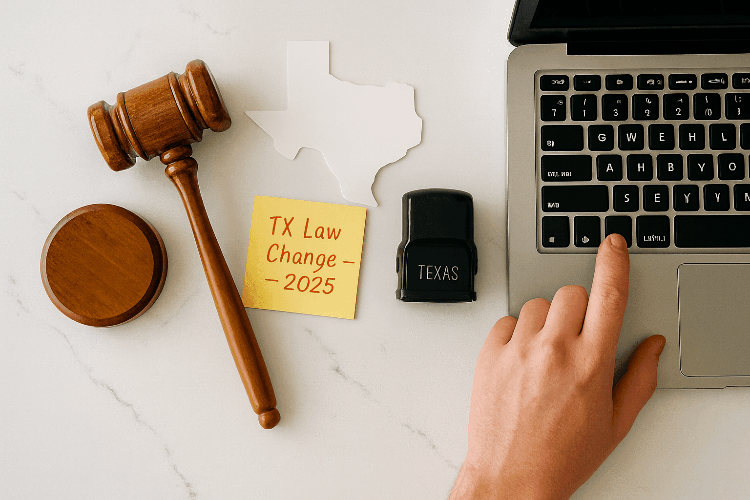 Texas gavel and notary seal with yellow sticky note reading 'TX Law Change - 2025' on white marble background with laptop