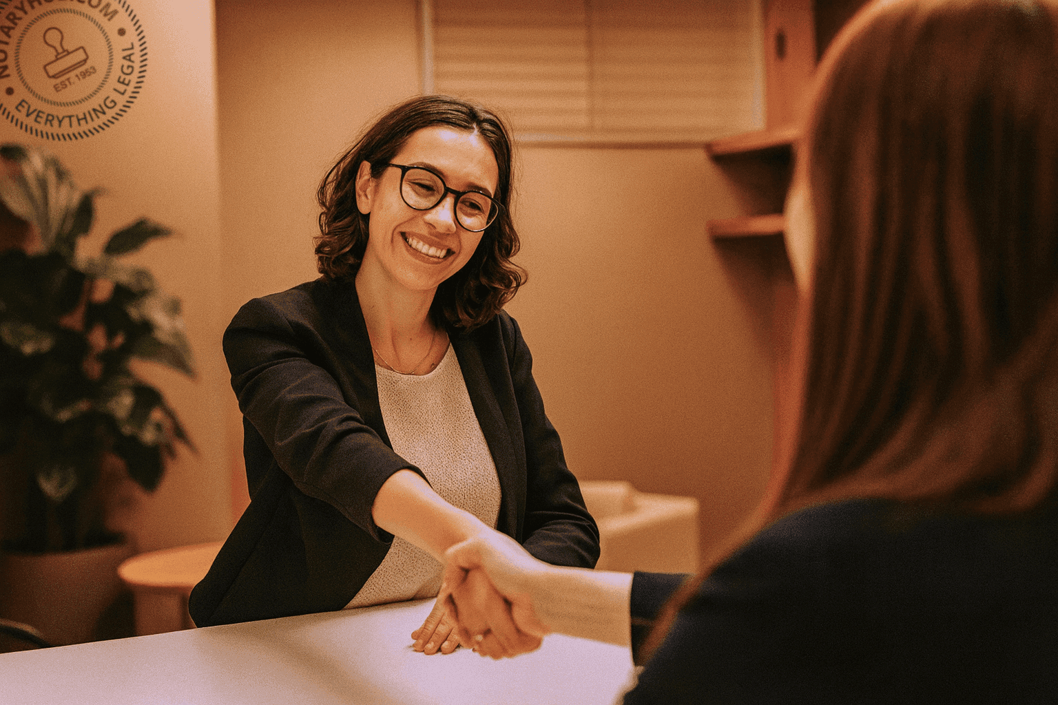 Professional woman with glasses smiling while shaking hands across a table, representing NotaryHub's customer support and RON compliance assistance
