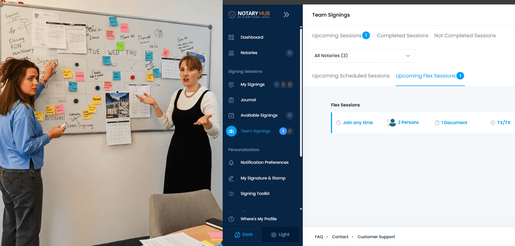 Split-screen comparison showing chaotic manual scheduling on one side (papers, sticky notes, multiple calendars) versus organized digital dashboard on the other