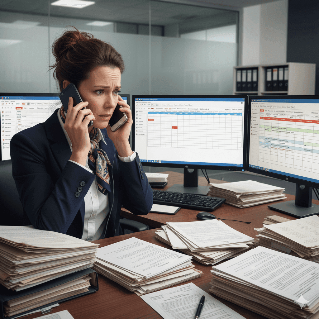 Professional woman at desk looking stressed while juggling multiple phones and computer screens showing different calendar applications
