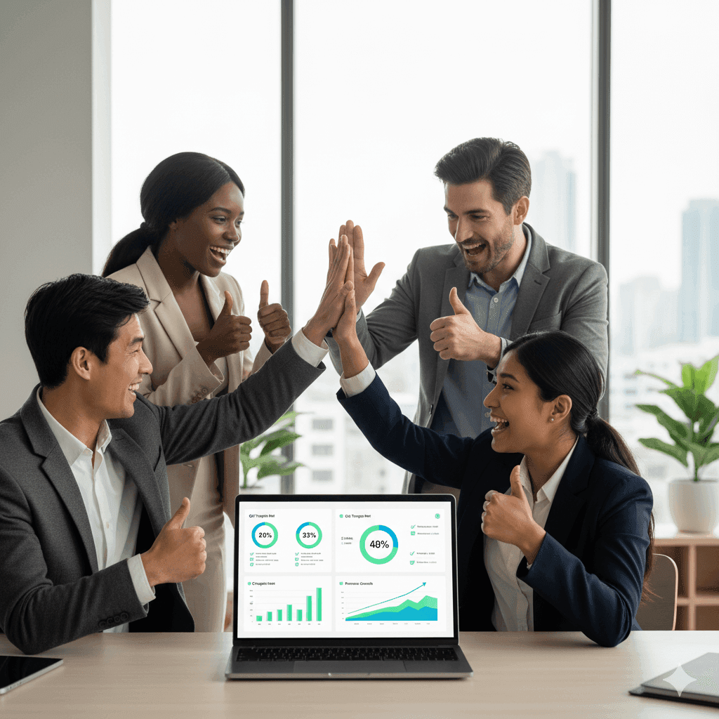 Successful business team celebrating around a computer showing positive metrics, conveying achievement and satisfaction