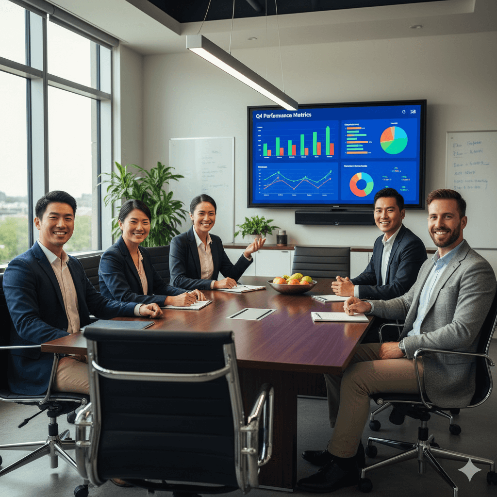 Team meeting room with professionals reviewing dashboard metrics on screen, collaborative and engaged atmosphere